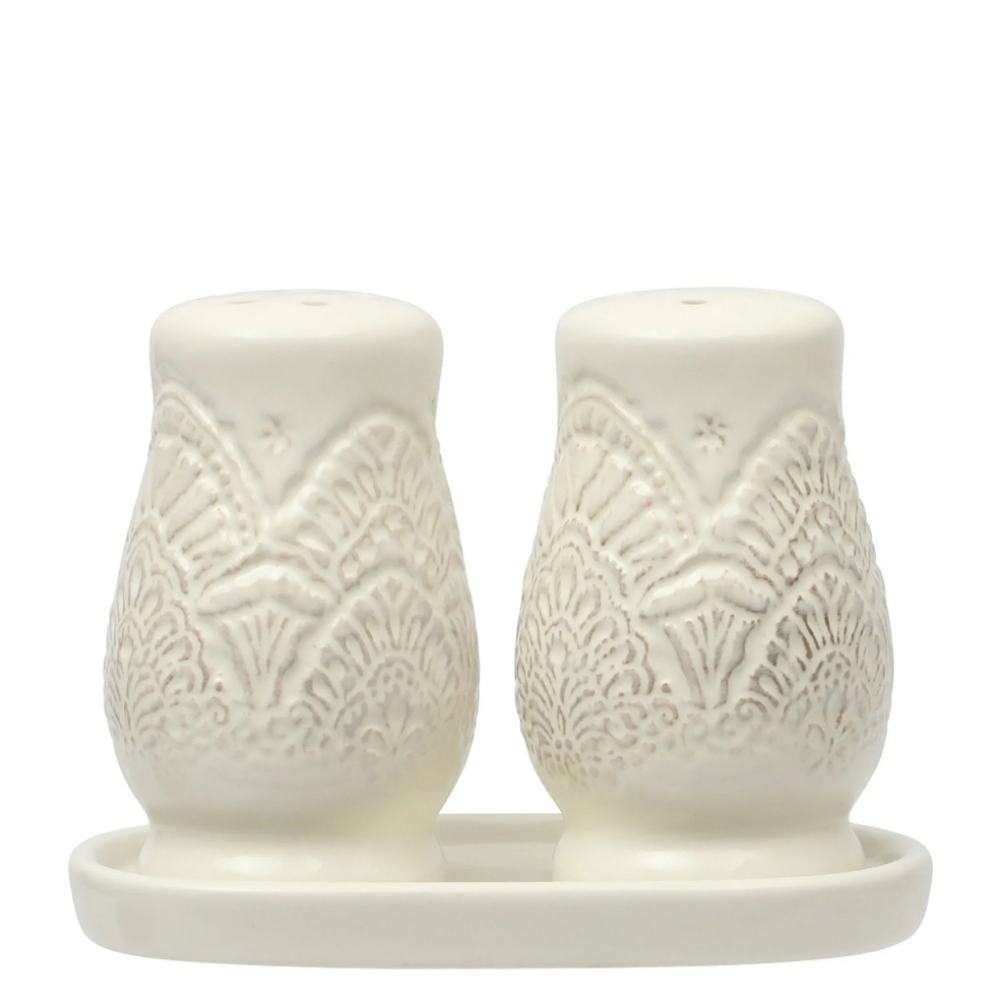 💕 2025 Pioneer Woman Vintage Lace  Cream Salt and Pepper Shaker Set